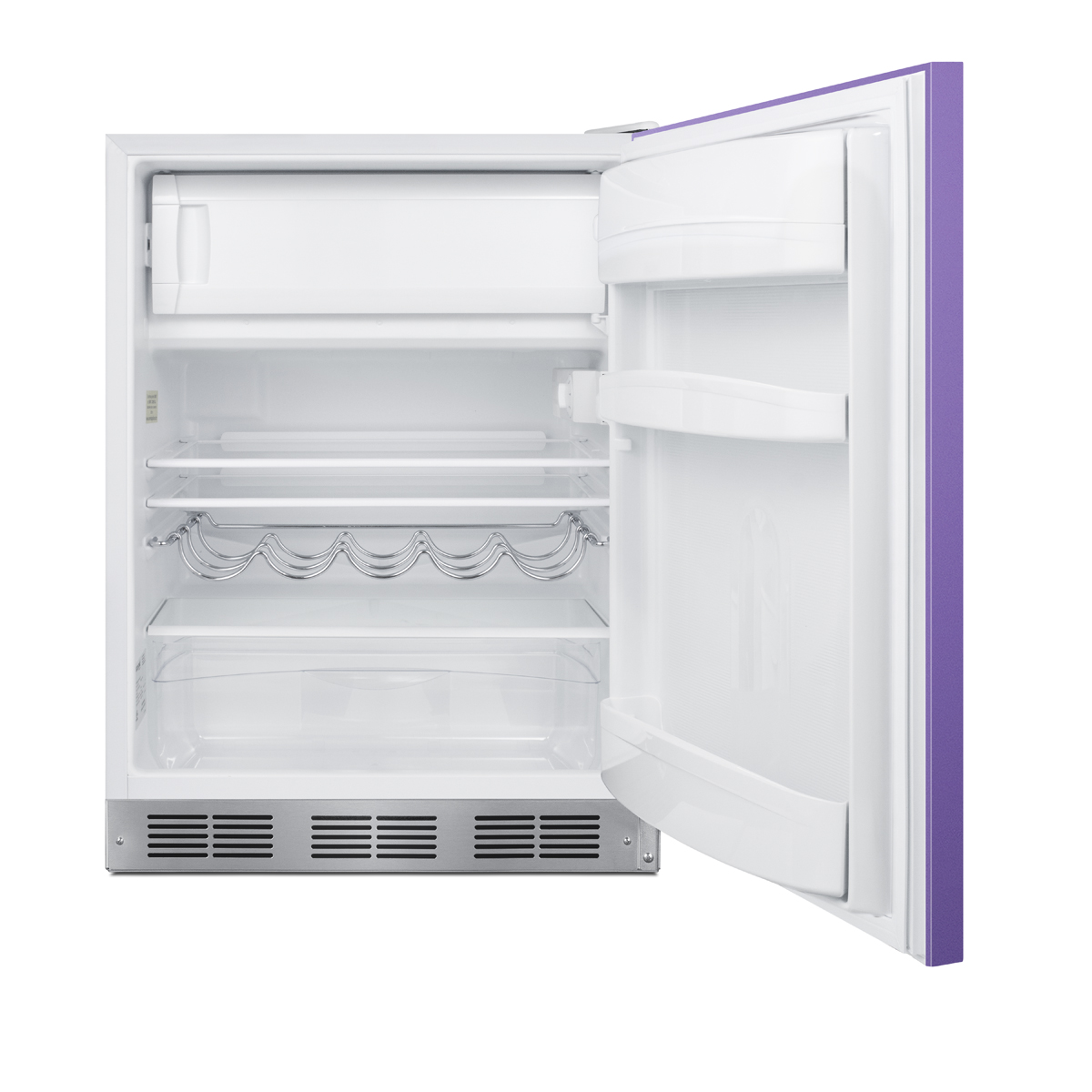 24 in. wide ADA height refrigerator-freezer for residential use with a lavender purple door, stainless steel handle, and white cabinet